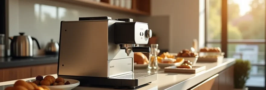 Une cafetière programmable élégante placée sur un comptoir de petit-déjeuner d'hôtel, avec une verseuse en verre et des éléments de service en arrière-plan