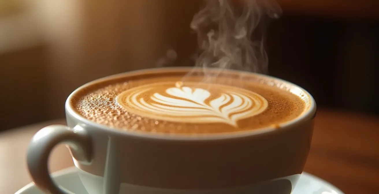 Gros plan détaillé d'une tasse de café fraîchement préparé, mettant en avant la texture de la mousse et les arômes visuels